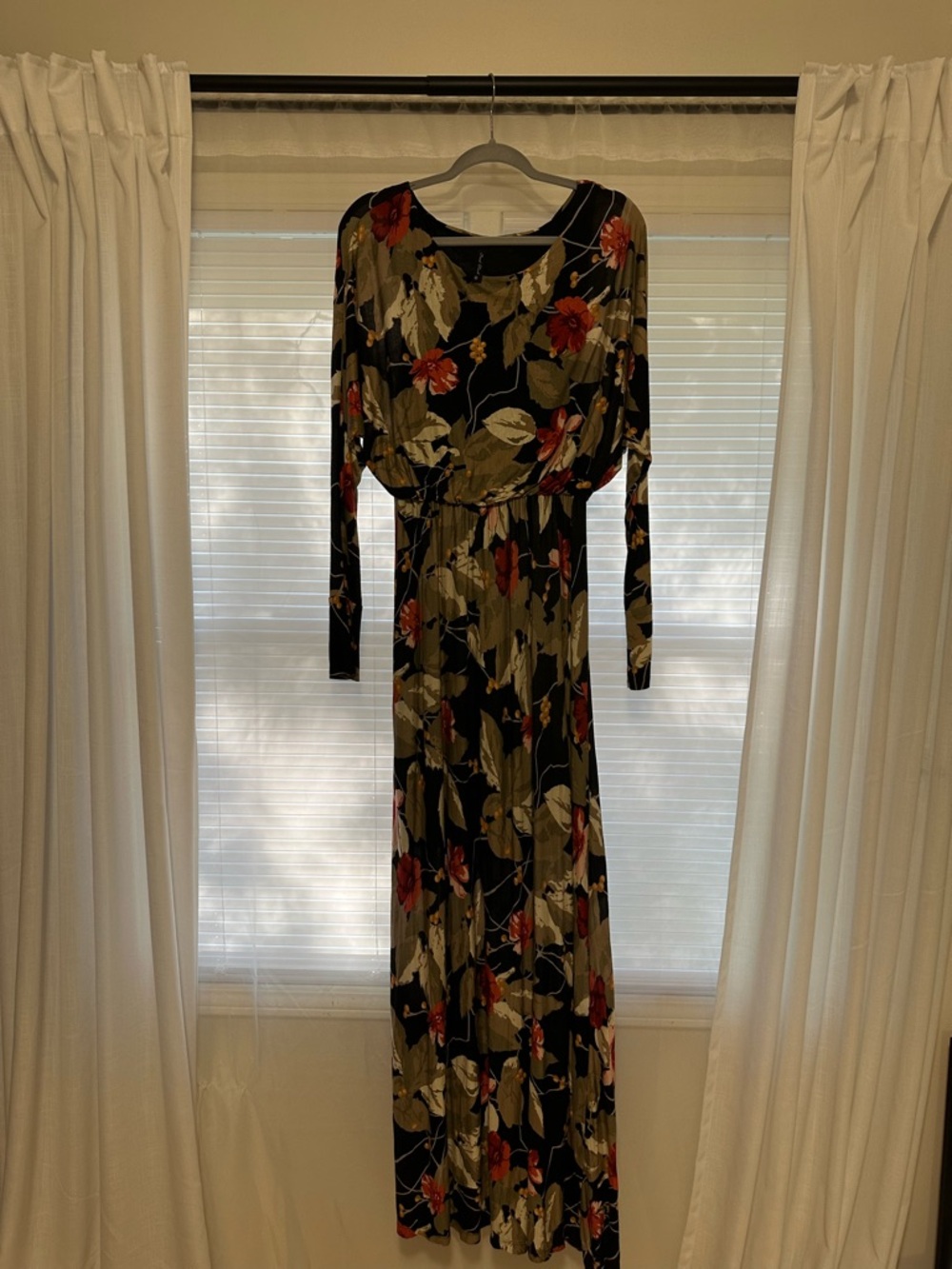 Final Touch Black Floral Long-Sleeve Maxi Dress with Red Blooms